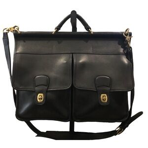 Vintage COACH Kensington Black Leather Briefcase with Dual Front Pockets Strap